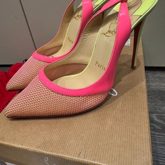 Christian Louboutin Miluna Sling 100 Neon Patent Leather- Trimmed Raffia Pumps - Picture 5 of 5